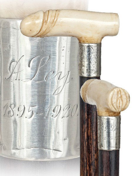 Members Only Erotic Cane-English London hallmarks 1: Members Only Erotic Cane-English London hallmarks 1920-Ivory handle His on the front and Her on the back, silver collar engraved A. Ley 1895-1920, Makassar ebony and a brass ferrule. Nice original con