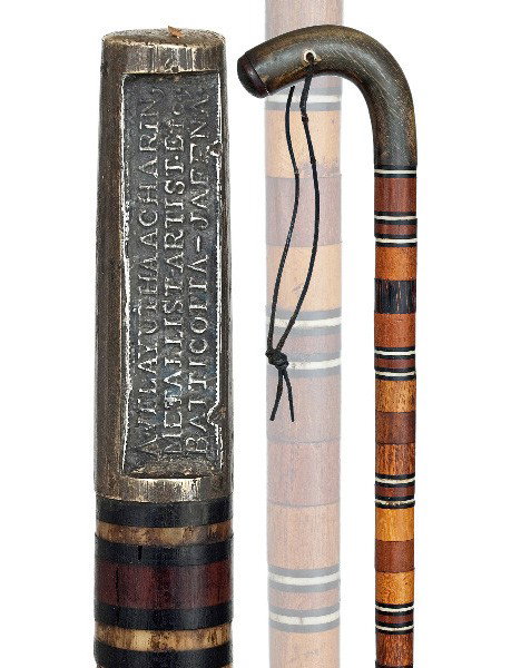 Anglo-Ceylonese Cane-19th Century-L-shape horn on: Anglo-Ceylonese Cane-19th Century-L-shape horn on a specimen wood washers shaft with repeating ebony and ivory separators. What makes this cane very special is the silver plated brass ferrule signed A
