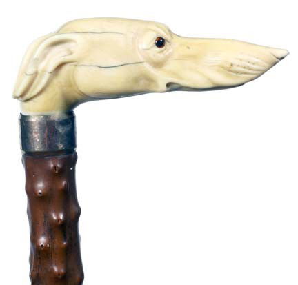 Antique cane and collectable walking stick-Dog: 3. An American ivory 5" x 1 ¾" dog, gold-filled collar, exotic wood shaft, 35" O.L., bi-metal ferrule-$700-$1,000