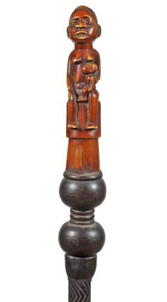 Antique cane African horn cane: 123. A real African 9 ½" x 2 ½" carved horn handle, native painted exotic wood, mid 20th Century, 38" O.L., no ferrule-$700-$1,200