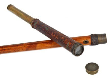 Antique nautical telescope cane: 139. A R. & J. Beck, London, three draw 17" telescope with clear viewing, original engraved end cap and leather handle with braiding, original patented ornate brass collar, nautical woven under collar