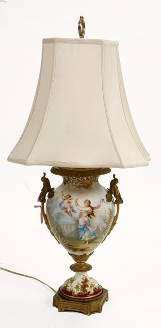 22. French Porcelain Lamp-Late 19th Century-A Frenc: 22. French Porcelain Lamp-Late 19th Century-A French hand painted vase signed "Leo", Gilt bronze mounts with modern lamp parts-33" x 10"-$600-$900