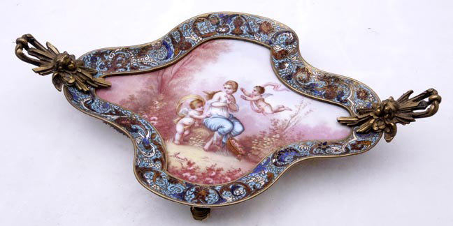 27. Champleve and Porcelain Tray-Late 19th Century-: 27. Champleve and Porcelain Tray-Late 19th Century-A hand painted tray signed by "Azmiaeei(?)", mint condition-13 ½" x 8 ½" x 3"-$1,000-$1,500