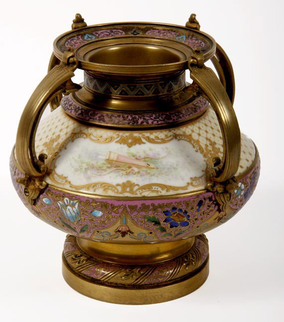 80. Champleve and Porcelain Vase-19th Century-A pai: 80. Champleve and Porcelain Vase-19th Century-A painted cherub porcelain with heavy moriage decoration with original gold Dore' patina-7" x 6"-$500-$1,000