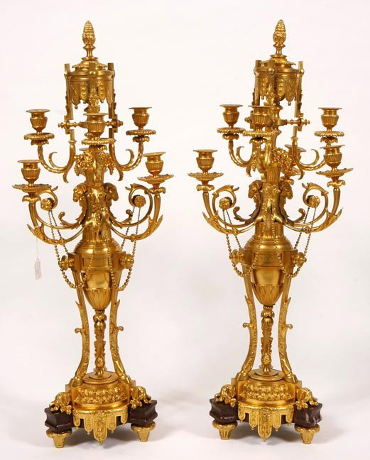 128. A Pair of Bronze Dore' Candelabra-Circa 1870-: 128. A Pair of Bronze Dore' Candelabra-Circa 1870-A bronze mounted pair of French candelabra with marble inserts in near mint condition-34" x 13"-$3,000-$5,000