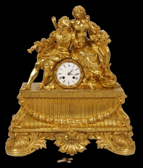 129. French Bronze Dore' Clock-Porcelain dial, 19t: 129. French Bronze Dore' Clock-Porcelain dial, 19th Century, clock is missing its escapement cover on the rear side, but otherwise in fine condition-19" x 21" x 7 ½"-$3,000-$5,000