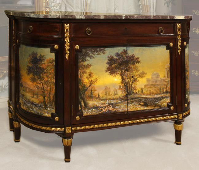 150. French Marble Top Commode-Circa 1930-A restor: 150. French Marble Top Commode-Circa 1930-A restored cabinet with the scene painting done by Michael Gibson, original key and the cabinet is in very fine condition-36" x 21" x 53"-$2,000-$4,000