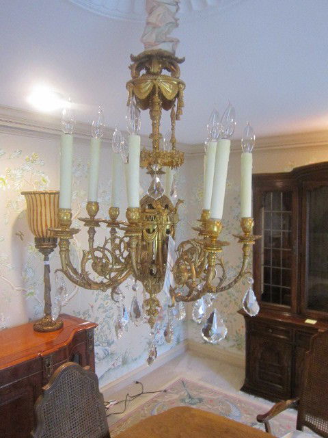 223 French Empire Nap,III Bronze Dore Chandlier: A 12 light dore chandlier app. size is w-23" H 33" plus the cahin with nice detail. Late 19th Century Nap.III