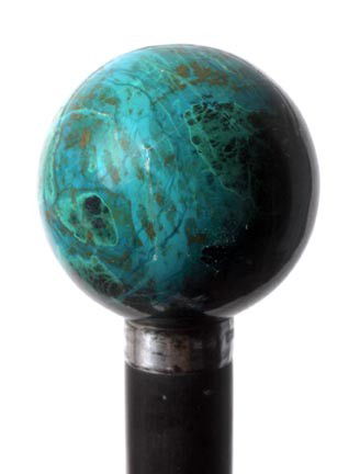 20. Malachite Dress Cane-Early 20th Century-An 1 1/: 20. Malachite Dress Cane-Early 20th Century-An 1 1/3" spear handle with vibrant colors, signed sterling collar, ebony shaft and never had a ferrule-O.L. 36"-$400-$600