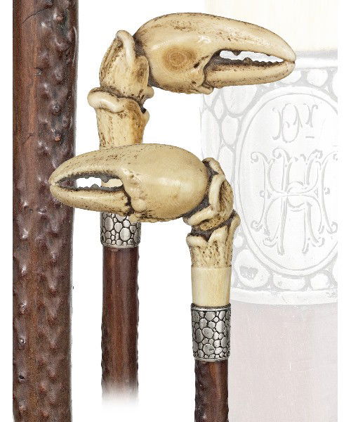 30. Ivory Crab Claw Cane-19th Century-A finely carv: 30. Ivory Crab Claw Cane-19th Century-A finely carved claw with all of its joints, silver collar with Austro-Hungarian silver marks and "Dr. HK" initials, gnarled Kongo wood shaft and a metal ferrule.