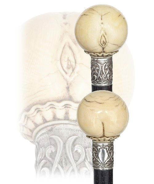 38. Carved Ivory Erotic Cane-Ca. 1890-Very unique c: 38. Carved Ivory Erotic Cane-Ca. 1890-Very unique carved ivory handle with delicate fine detail, Art Nouveau silver collar and ebony shaft with a 3 ¼" long ivory ferrule.-H. 2" x 2", O.L. 33 ¾"- $2,