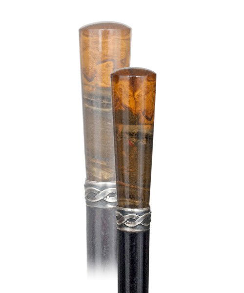 43. Viennese Tiger Eye Dress Cane-Early 20th Centur: 43. Viennese Tiger Eye Dress Cane-Early 20th Century-A Milord shaped knob of a layered structure and mottled brown colors with golden hues on a deep black ebony shaft, metal collar and a horn ferrule.