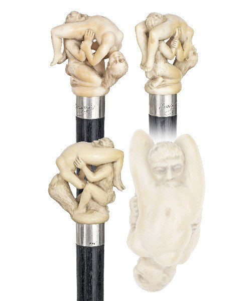 125. Erotic French Ivory Cane-Late 19th Century-A: 125. Erotic French Ivory Cane-Late 19th Century-A sizeable ivory handle with a Pan engaged with a Venus. The passionate depiction is intricate far beyond the ordinary and with delicately concealed nau