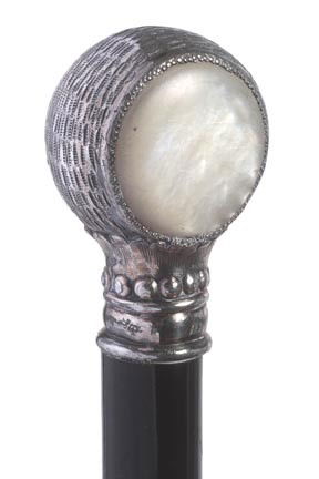 12. Sterling and Pearl Dress Cane-Early 20th Centur: 12. Sterling and Pearl Dress Cane-Early 20th Century-A unique pearl and signed sterling 2 ½" x 1 ¾" handle with a built in beaded collar, ebony shaft and a horn ferrule-O.L. 36"-$500-$700