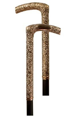 45. Gold Filled Dress Cane-Circa 1900-An ornate 3": 45. Gold Filled Dress Cane-Circa 1900-An ornate 3" x 6 ½" gold filled handle, small gold collar, ebony shaft and a metal ferrule-O.L. 36"-$300-$400