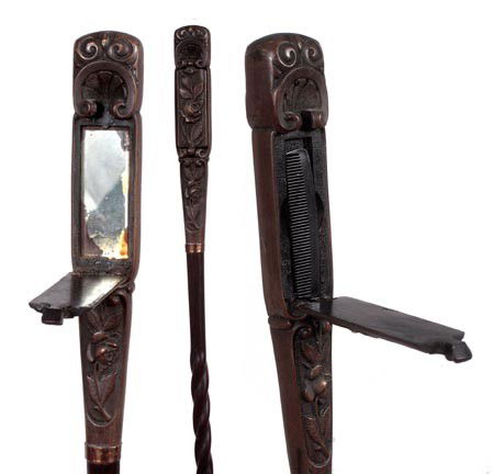 53. Gentleman's Mustache Vanity Cane-Late 19th Cent: 53. Gentleman's Mustache Vanity Cane-Late 19th Century-A unique 7 ½" x 1 ¼" gutta percha handle with two secret compartments which hold a mustache comb and a mirror, signed 10 kt gold collar with ha