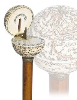 Globe and Sundial Ivory Cane-English, 19th Century-T: Globe and Sundial Ivory Cane-English, 19th Century-Terrestrial globe cane accurately carved in scrimshaw technique with the continents and the oceans and their related appellations. The globe is hinge