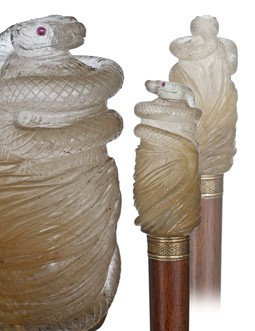 French Rutile Quartz Dress Cane-Circa 1900-Substant: French Rutile Quartz Dress Cane-Circa 1900-Substantial rutile quartz handle also called angel hair rock crystal, cut in the shape of a snake with coiled body on grass and raised head with inset, ruby 
