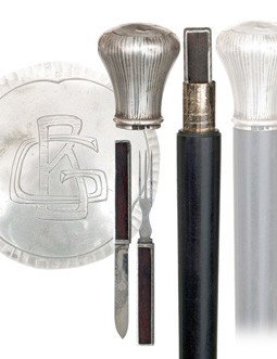 Dual Purpose Picnic Cane-German, Early 1900s-Silve: Dual Purpose Picnic Cane-German, Early 1900s-Silver knob in classic shape with ribbed body and engraved initials "GB", ebony shaft and a horn ferrule. The knob with a full set of German hallmarks pull