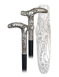 Viennese Dress Cane-Late 19th Century-Well balanc: Viennese Dress Cane-Late 19th Century-Well balanced Derby silver handle with long stem hand chased and engraved in the rich Baroque taste on a naturally deep black ebony shaft with a horn ferrule. One