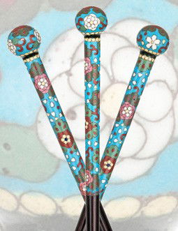 Cloisonné Enamel Cane-Japan, late 19th Century-Str: Cloisonné Enamel Cane-Japan, late 19th Century-Straight Shippo enamel handle with ball knob decorated in pastel colors with chrysanthemums on a turquoise background. Makassar ebony shaft and a horn f