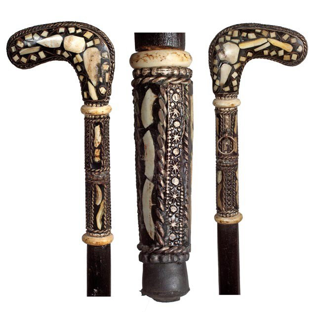 87. Moroccan Dagger Cane- Circa 1935-A bone inlayed: 87. Moroccan Dagger Cane- Circa 1935-A bone inlayed handle with an 8 ½" pike blade, appears to be bone and white brass, bone collar, ebonized shaft and a 3 ½" matching inlayed ferrule-H.7 ¼"x 3 ¾"
