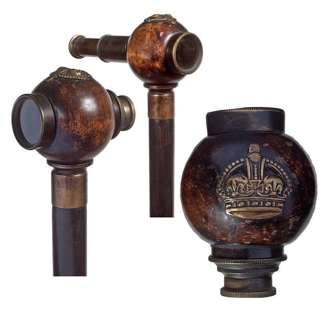 111. Telescope System Cane-20th Century-A two draw: 111. Telescope System Cane-20th Century-A two draw brass telescope in working condition which is mounted in a wooden ball with a bronze crown attached , brass collar, hardwood shaft and a 3" brass fer