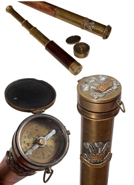 135. Royal Hussars Officers Cane-Early 20th Centur: 135. Royal Hussars Officers Cane-Early 20th Century-A system stick which has a compass atop and a four draw brass telescope in the shaft, the scope extends to 15" and has a chip on one of its lenses, 