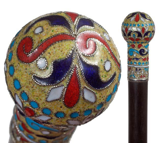 147. Russian Enamel Dress Cane-Circa 1925-A very n: 147. Russian Enamel Dress Cane-Circa 1925-A very nicely decorated handle in fine condition, large ebony shaft and a bi metal ferrule. H. 3" x 1 ½", O.L. 37 ½", $500-$600