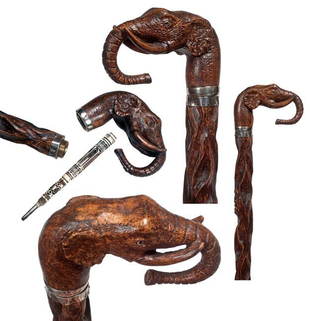 204. Pen and Pencil Cane-20th Century-A unique ele: 204. Pen and Pencil Cane-20th Century-A unique elephant handle which unscrews where the two silver collars meet, unusual dual purpose writing instrument within, diamond willow shaft and a bone ferrule
