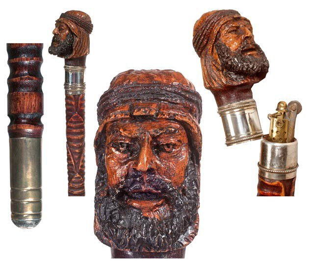 240. Cigar Lighter System Stick-Early 20th Century: 240. Cigar Lighter System Stick-Early 20th Century-A carved and stained wood handle, hallmarked silver collars which when unscrewed produces an early brass cigar lighter, carved maple shaft and a meta