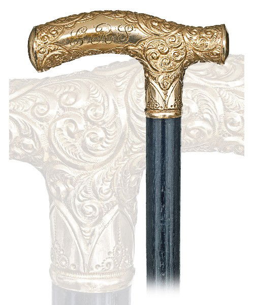 11. Gold Dress Presentation Cane-Circa 1885-A substanti: 11. Gold Dress Presentation Cane-Circa 1885-A substantial gold filled Opera handle with the usual ornate decoration and an oval shield engraved with the initials "G.R.S.". Ebony shaft and a white meta