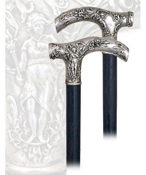 33. Silver Dress Cane-19th Century- Opera silver handle: 33. Silver Dress Cane-19th Century- Opera silver handle , cast and finely chased with a Maenad on one side and a shield on the other, both within rich and framing flowers compositions. Ebony shaft and