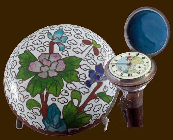 160. Cloisonné Watch Cane-20th Century-A Chinese cloiso: 160. Cloisonné Watch Cane-20th Century-A Chinese cloisonné compartment handle with a Swiss key wind antique movement, winding and set key, lignum shaft and a metal ferrule-H. 2" x ¾", O.L. 35 ¼"-