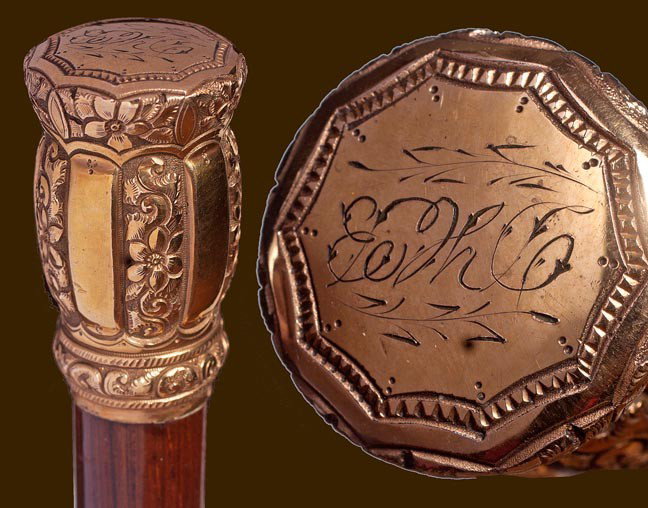 180. Gold Filled Dress Cane-Early 20th Century-A well a: 180. Gold Filled Dress Cane-Early 20th Century-A well appointed Simmons dress cane, mahogany shaft and a bi-metal ferrule-H. 2" x 1", O.L. 34 ½"-