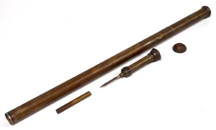 58.Wikeham Weed Fradicator Cane-Late 19th Century-A sol: 58.Wikeham Weed Fradicator Cane-Late 19th Century-A solid brass weed removal cane, removable brass top and a removable brass ferrule which exposes a device to eradicate weeds with. O.L. 32 ½"