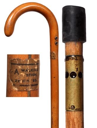 120. Pump System Cane-Early 20th Century- An unusual s: 120. Pump System Cane-Early 20th Century- An unusual system stick with pumping button and brass lighted balloon end, maple shaft and stopper ferrule. O.L.- 36"
