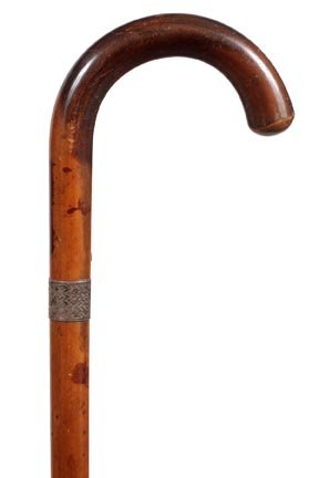 128. Malacca Day Cane-Early 20th Century- A one piece t: 128. Malacca Day Cane-Early 20th Century- A one piece thick malacca shaft, silver cartouche by Henry Howell, hallmarked silver collar and a horn ferrule. H. 6" x 7", O.L. 35 ½"