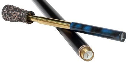 141. Telescope and Compass Cane-Circa 1975-A modern Fre: 141. Telescope and Compass Cane-Circa 1975-A modern French silver plated handle, a three draw telescope, compass inserted in top of shaft, small metal collar, ebony shaft and no ferrule. H. 1 ½" x 3"