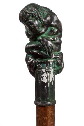 147. Artist Signed Exhibit Cane-Circa 1930-A cast metal: 147. Artist Signed Exhibit Cane-Circa 1930-A cast metal handle which has been painted, signed Stella, birch bark shaft and a metal ferrule. H. 5" x 2 ½", O.L. 37"