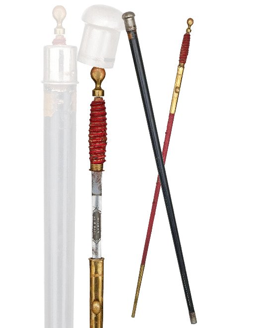 91. Masonic Templar Knights Sword Cane-19th Century-Bla: 91. Masonic Templar Knights Sword Cane-19th Century-Black painted metal container cane with a white metal knob and ferrule. The knob can be removed to reveal a ceremonial Mason’s sword and scabbard 