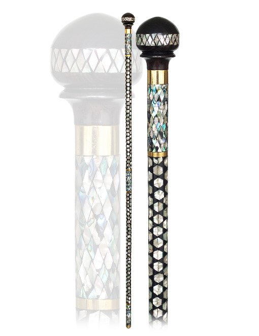 101. Oriental Parade Cane-20th Century-Ebony cane with : 101. Oriental Parade Cane-20th Century-Ebony cane with a ball knob lavishly embellished with mother of pearl inlay in various diamond patterns, gilt brass collars and ferrule. Extremely decorative and