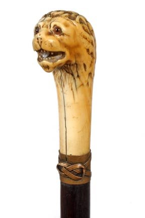 14. European Ivory Lion's Head Cane-Early 19th Century-: 14. European Ivory Lion's Head Cane-Early 19th Century-A finely carved ivory handle with the King of the Jungle, glass eyes, ebony shaft and a white metal ferrule.-H. 3 ½" x 1 ¾"-