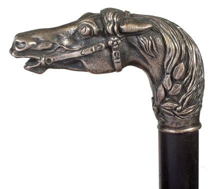 26. Silver Horse Cane-Ca. 1900-A signed 800 silver orna: 26. Silver Horse Cane-Ca. 1900-A signed 800 silver ornate cast handle, ebony shaft and a horn ferrule-H. 3 ½" x 2", O.L. 35 ½"-