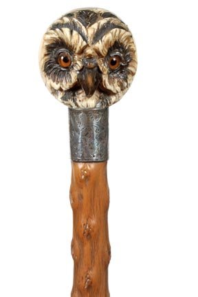 67. Ivory Owl and Hag Dress Cane-Dated 1922-A carved iv: 67. Ivory Owl and Hag Dress Cane-Dated 1922-A carved ivory handle which is separated into two sections including an owl with two color glass eyes and a hag, inscribed and hallmarked British coin silve