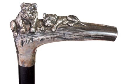 202. Silver Bull Dog Cane-Ca. 1995-A cast sterling hand: 202. Silver Bull Dog Cane-Ca. 1995-A cast sterling handle from the work shop of Charles Daugherty, hallmarked and signed sterling collar, ebony shaft and a metal ferrule-H. 4 ½” x 2 ½”, O.L. 34�