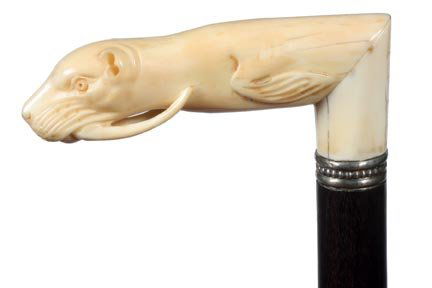 214. Walrus Walrus Ivory Cane-Early 20th Century-A doub: 214. Walrus Walrus Ivory Cane-Early 20th Century-A double-double ivory cane, ornate beaded silver collar, ebony shaft and a horn ferrule-H. 4” x 1 ½”, O.L. 36”-