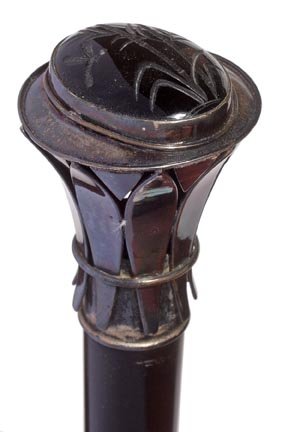 267. Dragonfly Dress Cane-Ca. 1940-A signed 800 silver : 267. Dragonfly Dress Cane-Ca. 1940-A signed 800 silver open work handle, a dragonfly and bamboo carved atop in a piece of black onyx, small silver collar, ebony shaft and a horn ferrule-H. 2” x 2 ¼