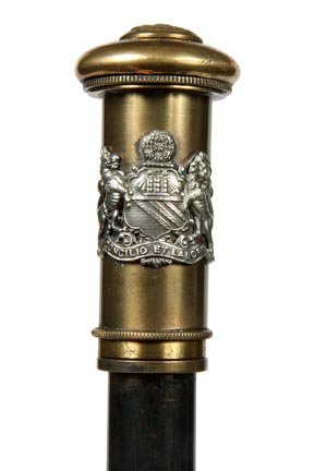 281. Scientific Device System Cane-20th Century-A John : 281. Scientific Device System Cane-20th Century-A John Weatherston label, handle and shaft holds what appears to be a telescope and a miniature hand held microscope, also a glass stopper bottle, brass