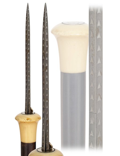 4. Flick Stick Cane-19th Century.-An ivory knobbed e: 4. Flick Stick Cane-19th Century.-An ivory knobbed ebony cane with a metal ferrule and an ejecting almost 5 angular, partly and beautifully etched, spike blade with locking feather and a white metal c